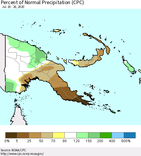 Papua New Guinea Percent of Normal Precipitation (CPC) Thematic Map For 7/20/2020 - 7/26/2020