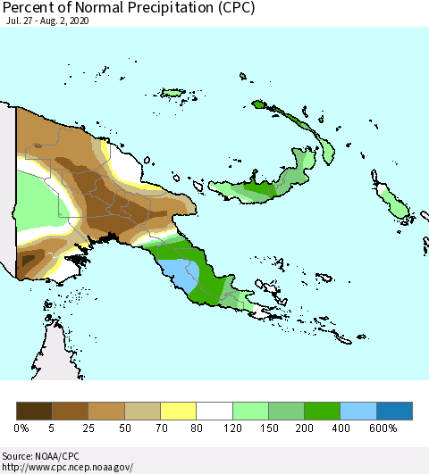 Papua New Guinea Percent of Normal Precipitation (CPC) Thematic Map For 7/27/2020 - 8/2/2020