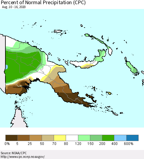 Papua New Guinea Percent of Normal Precipitation (CPC) Thematic Map For 8/10/2020 - 8/16/2020