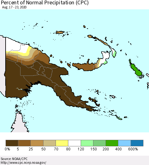 Papua New Guinea Percent of Normal Precipitation (CPC) Thematic Map For 8/17/2020 - 8/23/2020
