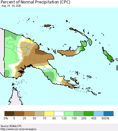 Papua New Guinea Percent of Normal Precipitation (CPC) Thematic Map For 8/24/2020 - 8/30/2020
