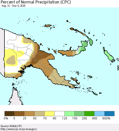 Papua New Guinea Percent of Normal Precipitation (CPC) Thematic Map For 8/31/2020 - 9/6/2020