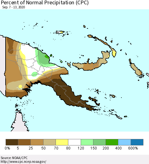 Papua New Guinea Percent of Normal Precipitation (CPC) Thematic Map For 9/7/2020 - 9/13/2020
