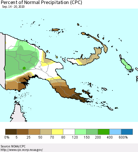 Papua New Guinea Percent of Normal Precipitation (CPC) Thematic Map For 9/14/2020 - 9/20/2020