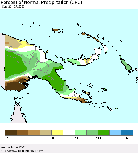 Papua New Guinea Percent of Normal Precipitation (CPC) Thematic Map For 9/21/2020 - 9/27/2020