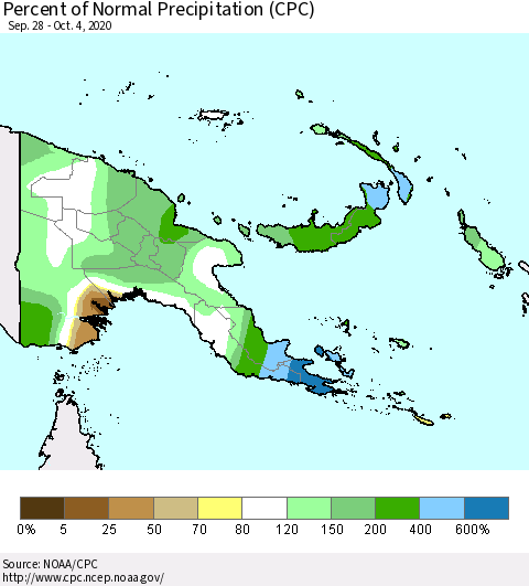 Papua New Guinea Percent of Normal Precipitation (CPC) Thematic Map For 9/28/2020 - 10/4/2020