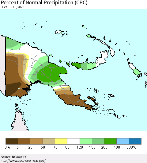 Papua New Guinea Percent of Normal Precipitation (CPC) Thematic Map For 10/5/2020 - 10/11/2020