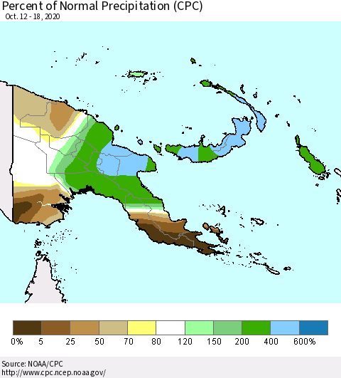 Papua New Guinea Percent of Normal Precipitation (CPC) Thematic Map For 10/12/2020 - 10/18/2020