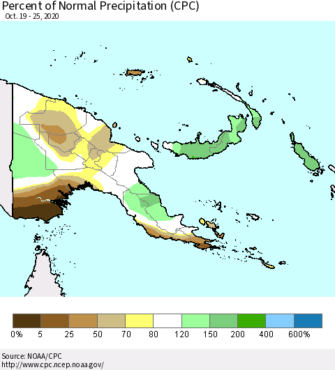 Papua New Guinea Percent of Normal Precipitation (CPC) Thematic Map For 10/19/2020 - 10/25/2020