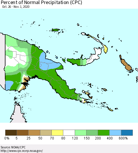 Papua New Guinea Percent of Normal Precipitation (CPC) Thematic Map For 10/26/2020 - 11/1/2020