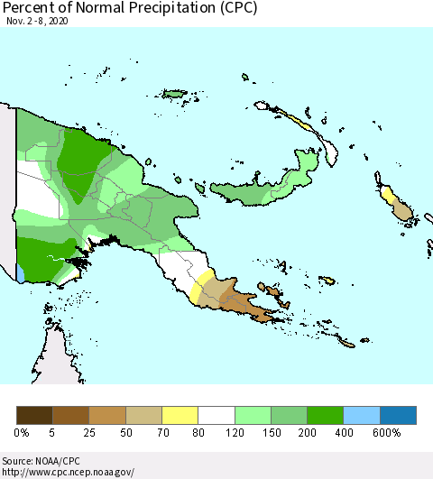 Papua New Guinea Percent of Normal Precipitation (CPC) Thematic Map For 11/2/2020 - 11/8/2020