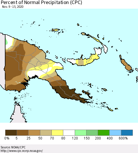 Papua New Guinea Percent of Normal Precipitation (CPC) Thematic Map For 11/9/2020 - 11/15/2020
