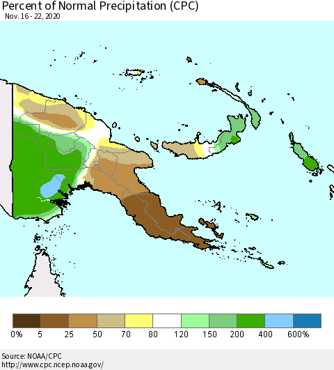 Papua New Guinea Percent of Normal Precipitation (CPC) Thematic Map For 11/16/2020 - 11/22/2020