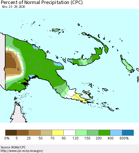 Papua New Guinea Percent of Normal Precipitation (CPC) Thematic Map For 11/23/2020 - 11/29/2020