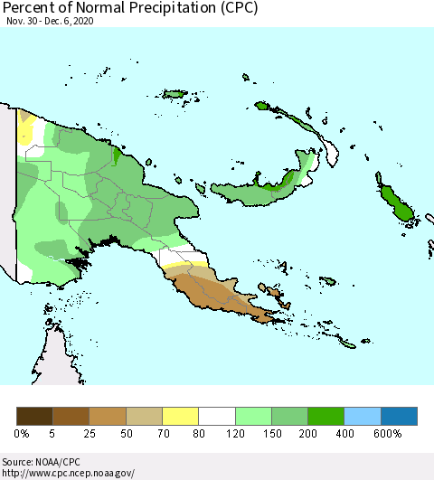 Papua New Guinea Percent of Normal Precipitation (CPC) Thematic Map For 11/30/2020 - 12/6/2020