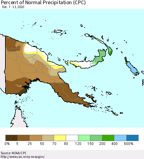 Papua New Guinea Percent of Normal Precipitation (CPC) Thematic Map For 12/7/2020 - 12/13/2020