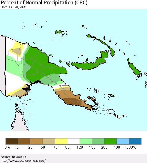 Papua New Guinea Percent of Normal Precipitation (CPC) Thematic Map For 12/14/2020 - 12/20/2020