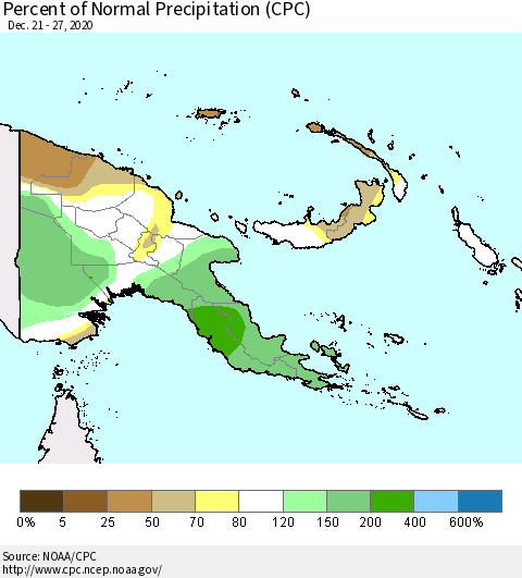 Papua New Guinea Percent of Normal Precipitation (CPC) Thematic Map For 12/21/2020 - 12/27/2020