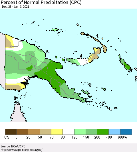 Papua New Guinea Percent of Normal Precipitation (CPC) Thematic Map For 12/28/2020 - 1/3/2021