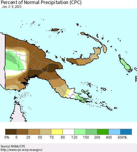 Papua New Guinea Percent of Normal Precipitation (CPC) Thematic Map For 1/2/2023 - 1/8/2023