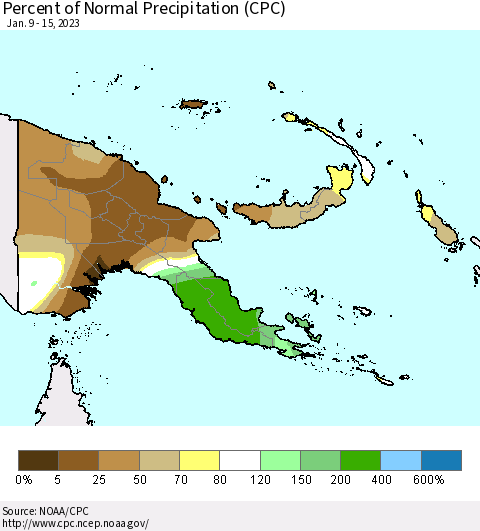 Papua New Guinea Percent of Normal Precipitation (CPC) Thematic Map For 1/9/2023 - 1/15/2023