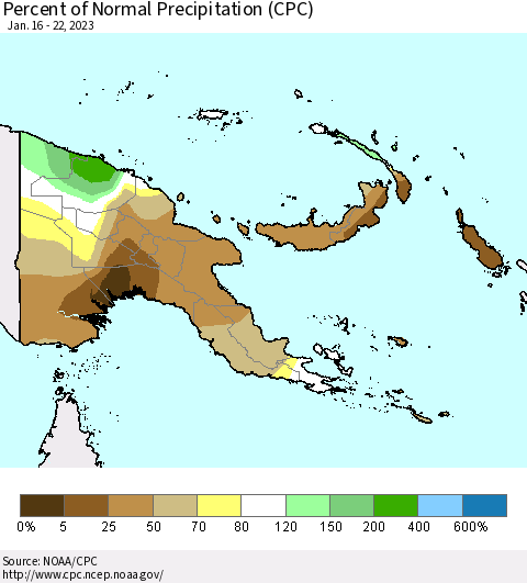 Papua New Guinea Percent of Normal Precipitation (CPC) Thematic Map For 1/16/2023 - 1/22/2023