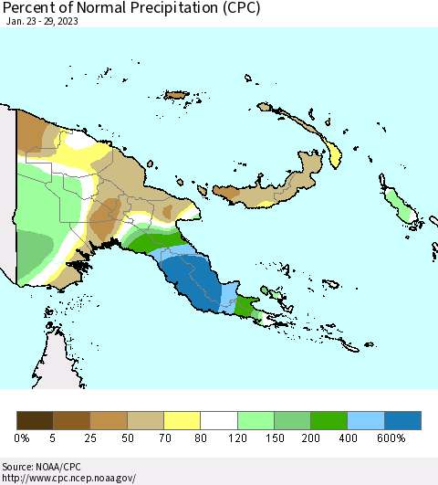 Papua New Guinea Percent of Normal Precipitation (CPC) Thematic Map For 1/23/2023 - 1/29/2023