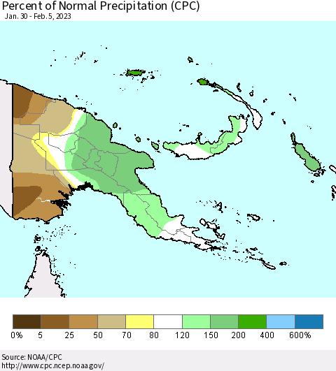 Papua New Guinea Percent of Normal Precipitation (CPC) Thematic Map For 1/30/2023 - 2/5/2023