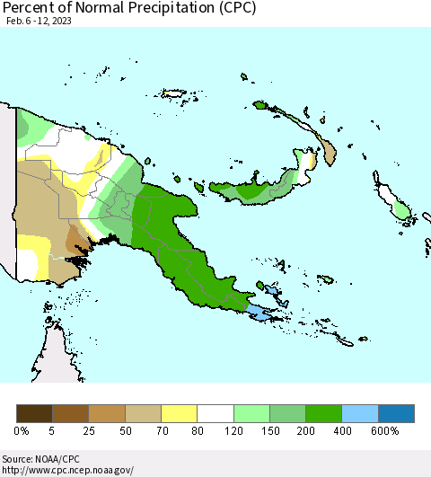 Papua New Guinea Percent of Normal Precipitation (CPC) Thematic Map For 2/6/2023 - 2/12/2023