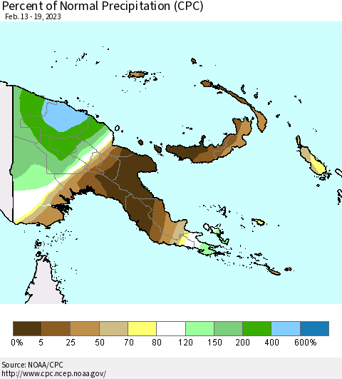 Papua New Guinea Percent of Normal Precipitation (CPC) Thematic Map For 2/13/2023 - 2/19/2023