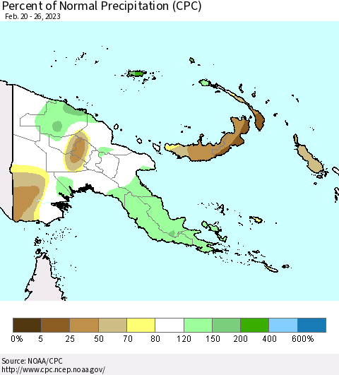 Papua New Guinea Percent of Normal Precipitation (CPC) Thematic Map For 2/20/2023 - 2/26/2023