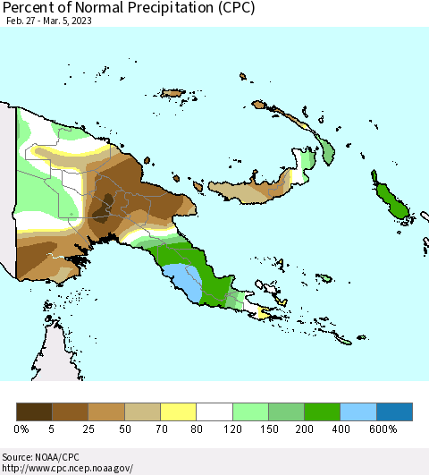 Papua New Guinea Percent of Normal Precipitation (CPC) Thematic Map For 2/27/2023 - 3/5/2023