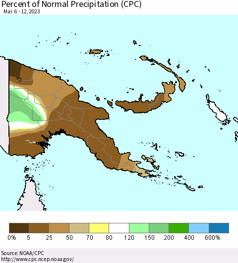 Papua New Guinea Percent of Normal Precipitation (CPC) Thematic Map For 3/6/2023 - 3/12/2023