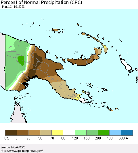 Papua New Guinea Percent of Normal Precipitation (CPC) Thematic Map For 3/13/2023 - 3/19/2023