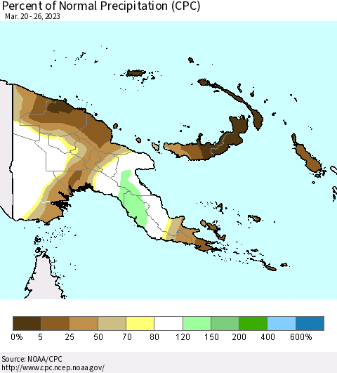 Papua New Guinea Percent of Normal Precipitation (CPC) Thematic Map For 3/20/2023 - 3/26/2023