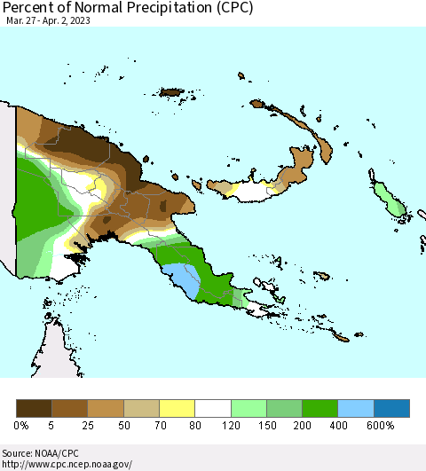 Papua New Guinea Percent of Normal Precipitation (CPC) Thematic Map For 3/27/2023 - 4/2/2023