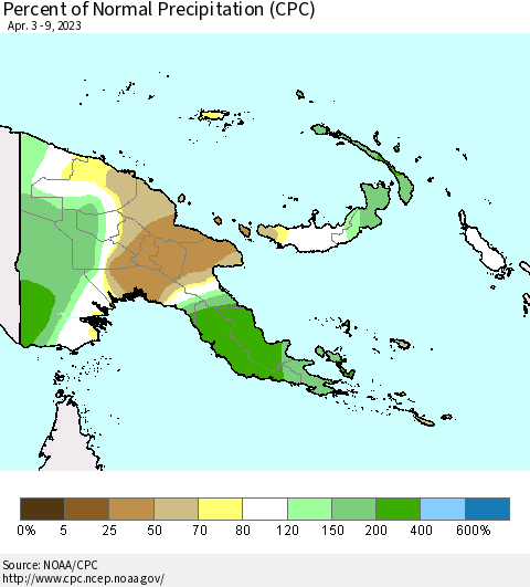 Papua New Guinea Percent of Normal Precipitation (CPC) Thematic Map For 4/3/2023 - 4/9/2023