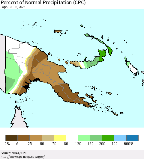 Papua New Guinea Percent of Normal Precipitation (CPC) Thematic Map For 4/10/2023 - 4/16/2023