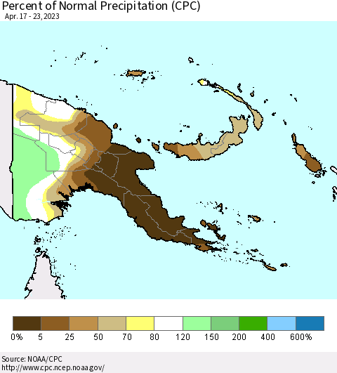 Papua New Guinea Percent of Normal Precipitation (CPC) Thematic Map For 4/17/2023 - 4/23/2023