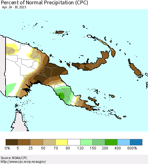 Papua New Guinea Percent of Normal Precipitation (CPC) Thematic Map For 4/24/2023 - 4/30/2023