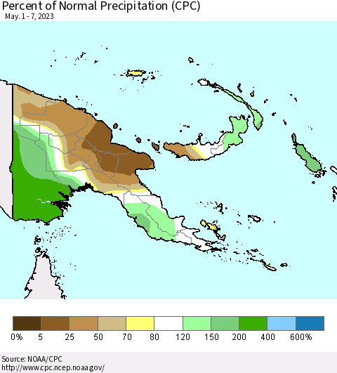 Papua New Guinea Percent of Normal Precipitation (CPC) Thematic Map For 5/1/2023 - 5/7/2023