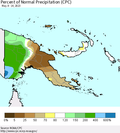 Papua New Guinea Percent of Normal Precipitation (CPC) Thematic Map For 5/8/2023 - 5/14/2023