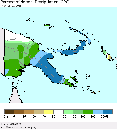 Papua New Guinea Percent of Normal Precipitation (CPC) Thematic Map For 5/15/2023 - 5/21/2023