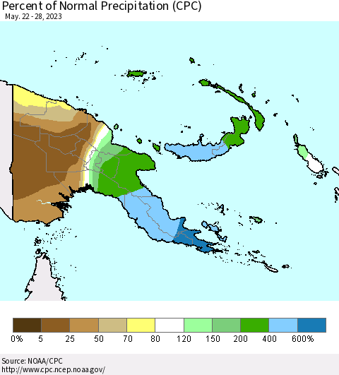 Papua New Guinea Percent of Normal Precipitation (CPC) Thematic Map For 5/22/2023 - 5/28/2023