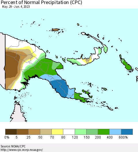 Papua New Guinea Percent of Normal Precipitation (CPC) Thematic Map For 5/29/2023 - 6/4/2023