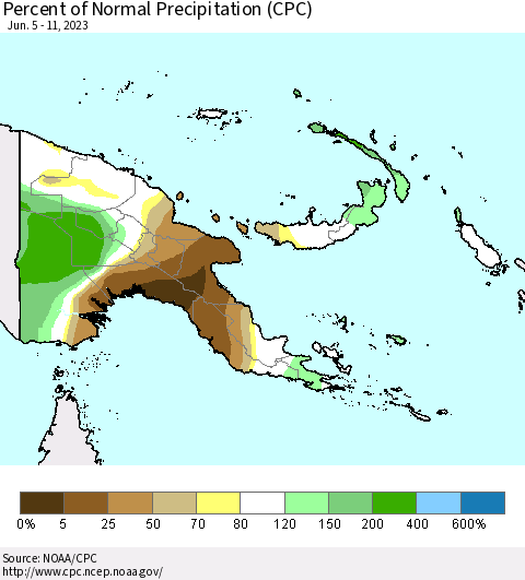 Papua New Guinea Percent of Normal Precipitation (CPC) Thematic Map For 6/5/2023 - 6/11/2023
