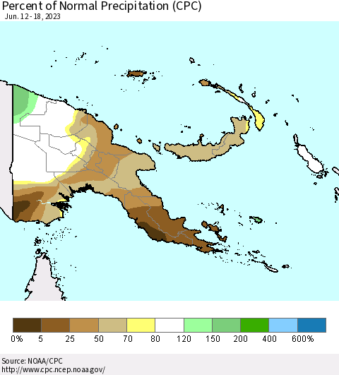 Papua New Guinea Percent of Normal Precipitation (CPC) Thematic Map For 6/12/2023 - 6/18/2023