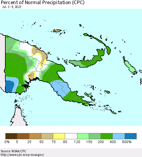 Papua New Guinea Percent of Normal Precipitation (CPC) Thematic Map For 7/3/2023 - 7/9/2023
