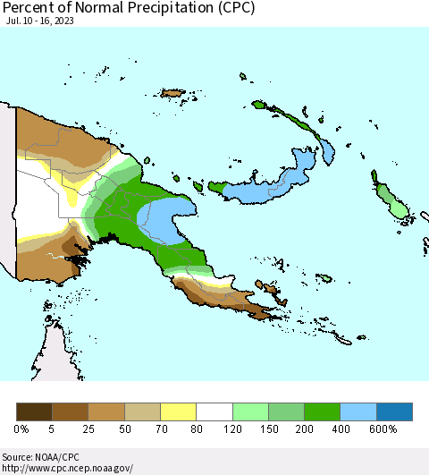 Papua New Guinea Percent of Normal Precipitation (CPC) Thematic Map For 7/10/2023 - 7/16/2023