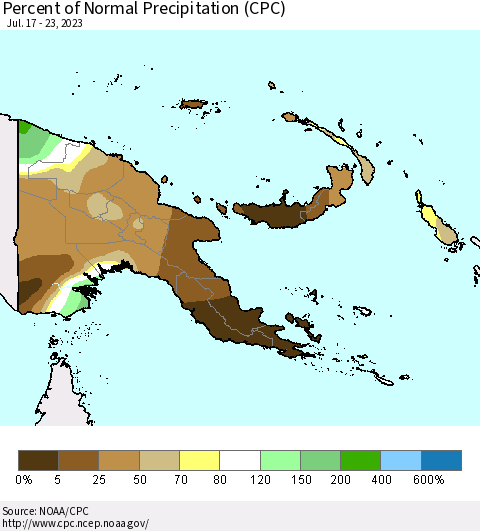 Papua New Guinea Percent of Normal Precipitation (CPC) Thematic Map For 7/17/2023 - 7/23/2023